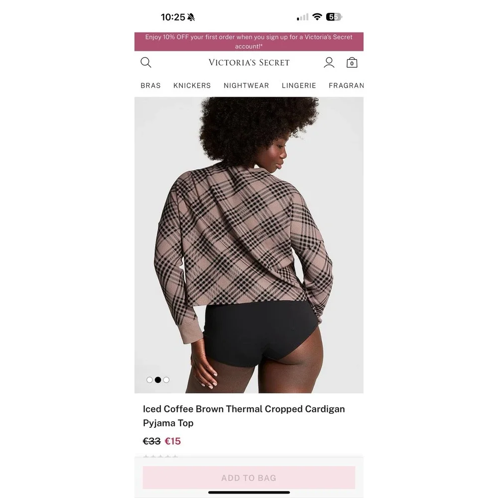 Victoria's Secret PINK Oversized Thermal Cropped Cardigan Top Plaid Brown XS NEW